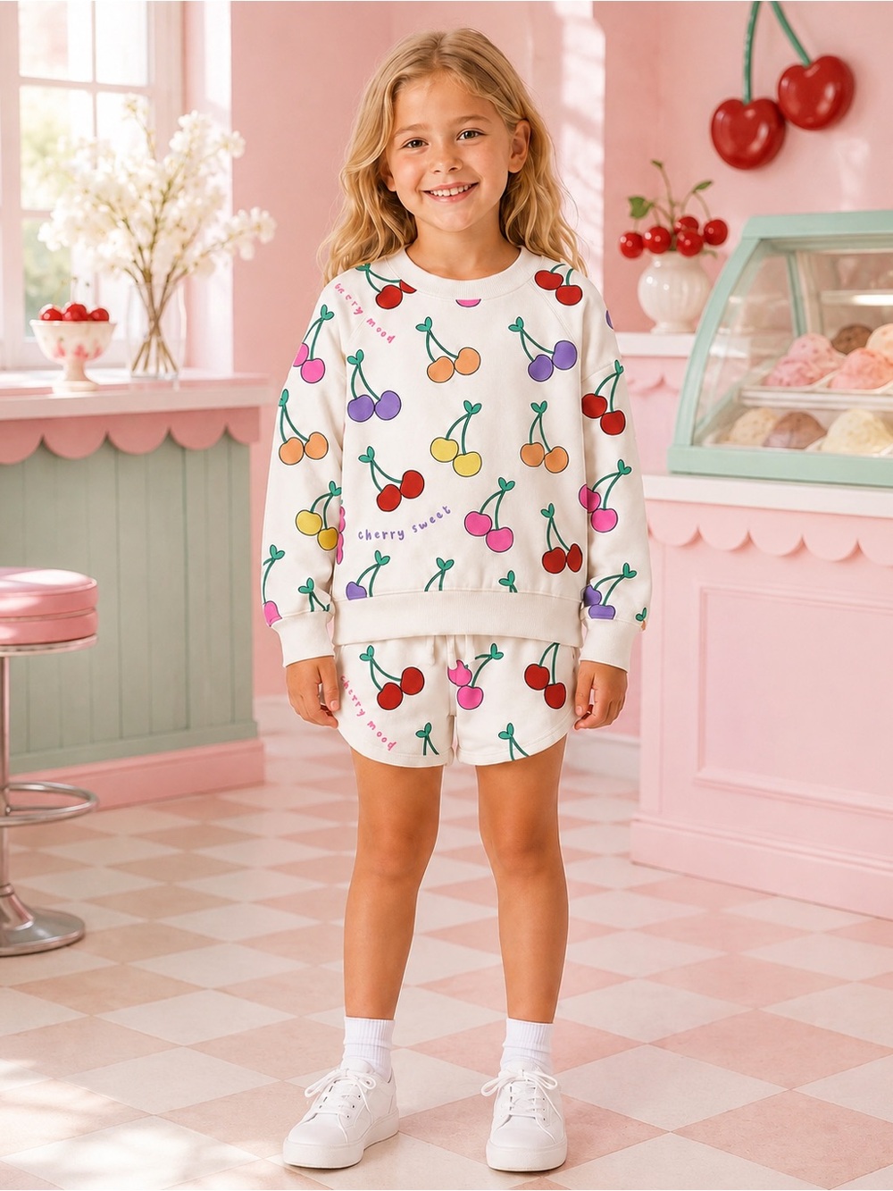 NWT Silver Jeans Girls 6X Cherry Print Sweatshirt Shorts Matching Set